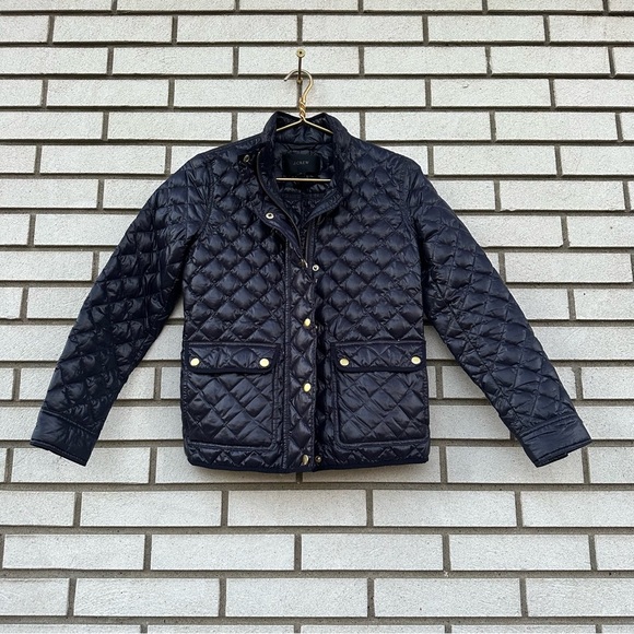 J.Crew Shiny Quilted Downtown Field Puffer Jacket Navy Blue Down Small Petite - Picture 1 of 9